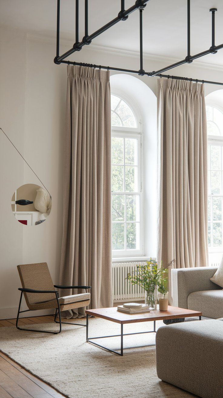 Ceiling-mounted curtain rod with long linen panels creating height and drama in modern rustic room