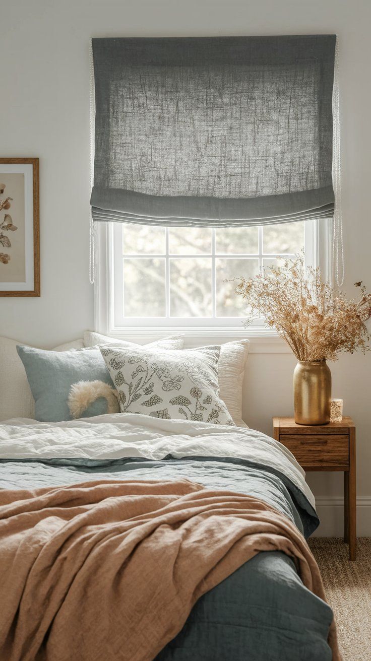 DIY Roman shade using tension rods and linen for structured and elegant small window treatment