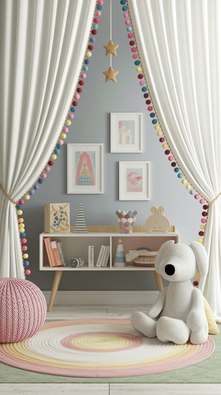 Pom-pom edge curtain adding playful texture and boutique style to children’s bedroom
