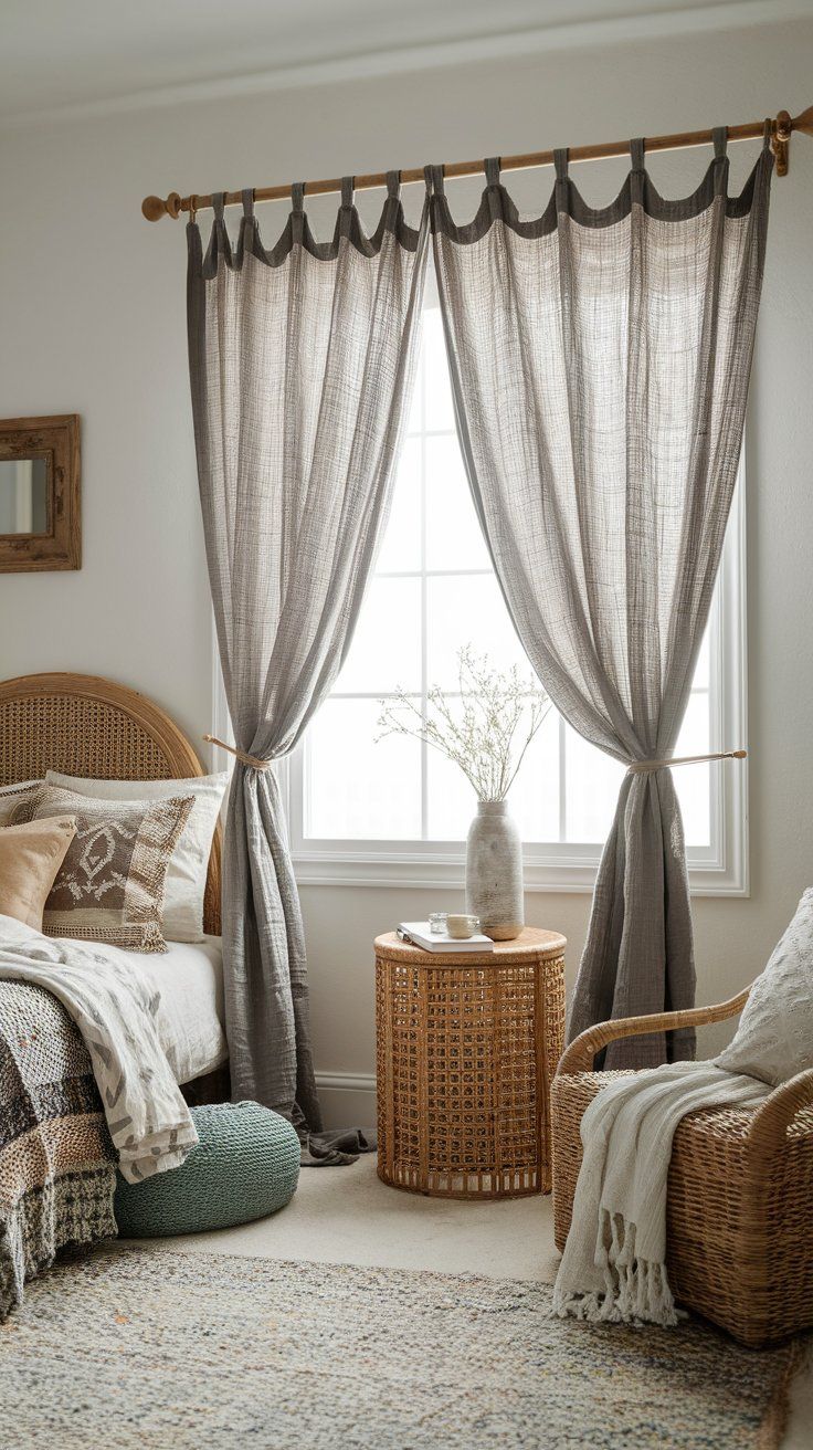 DIY tie-top gauze curtain creating relaxed and romantic atmosphere in boho bedroom