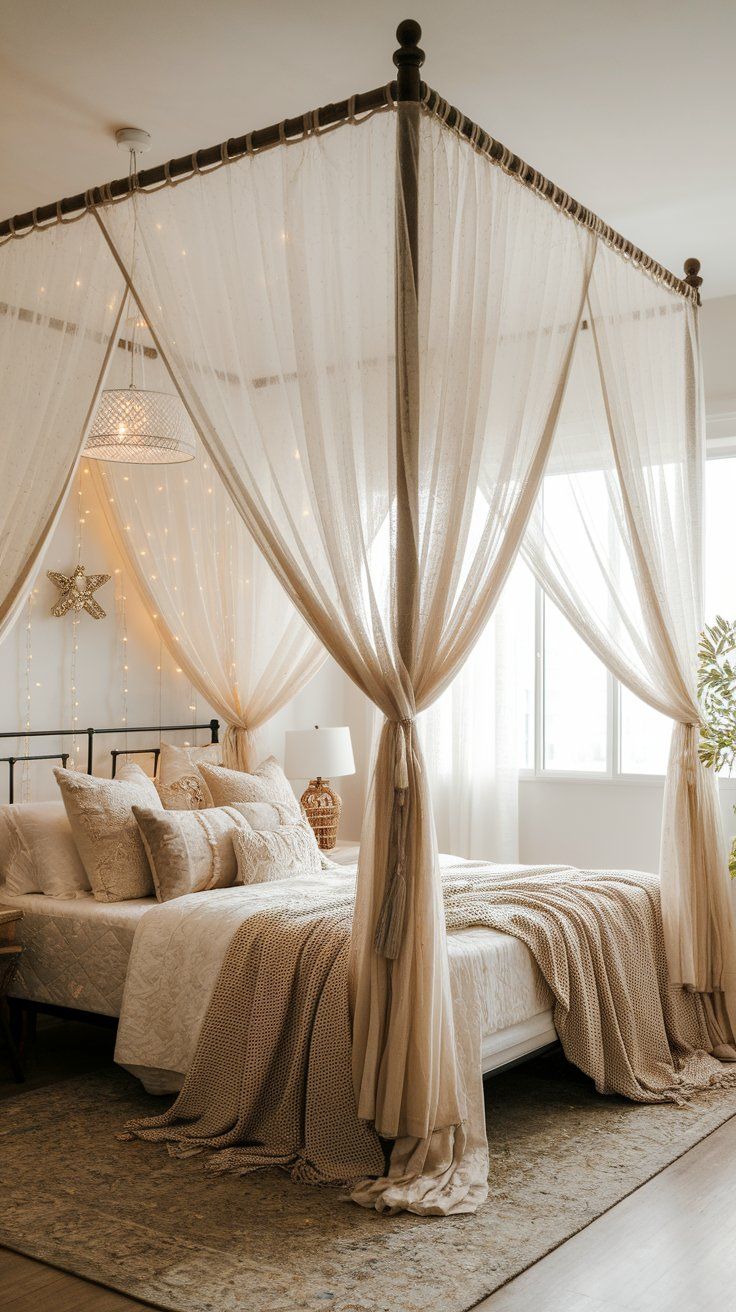 DIY bed canopy with sheer curtains and string lights creating magical boho bedroom retreat