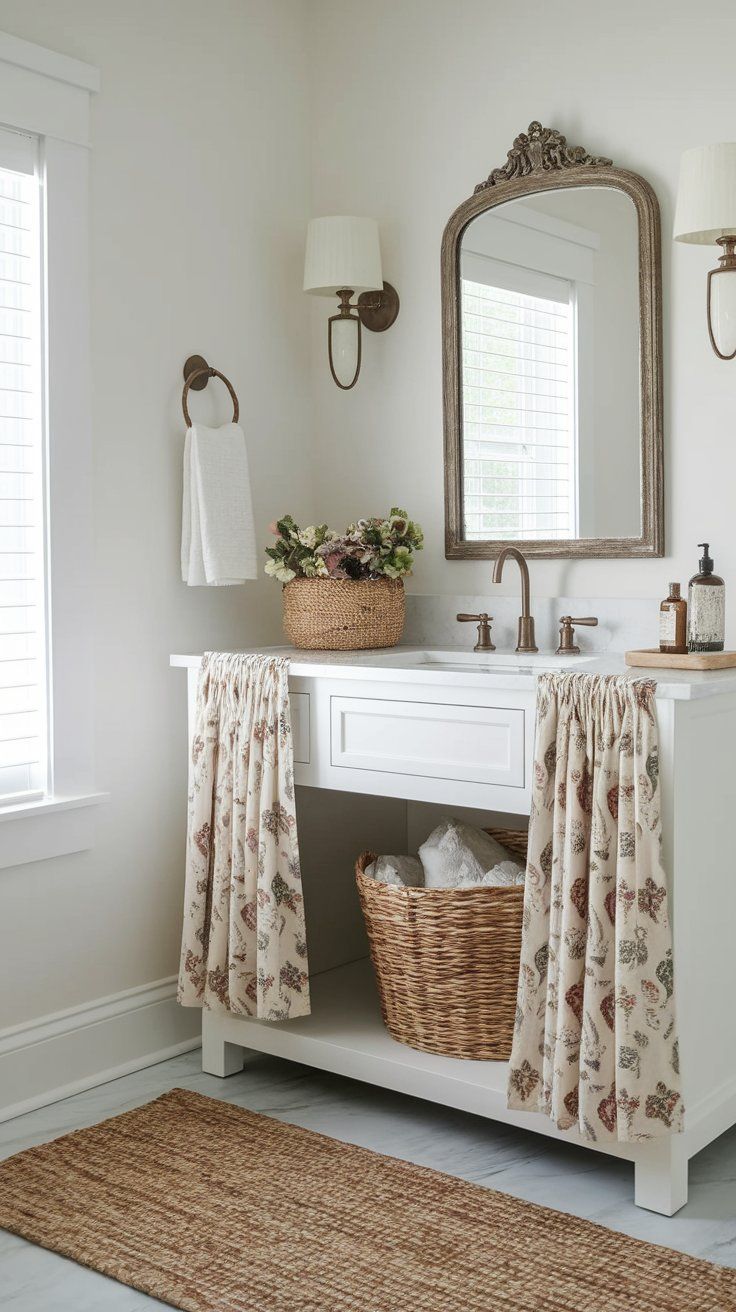 Under-sink curtain concealing storage and adding charm to rustic bathroom vanity”