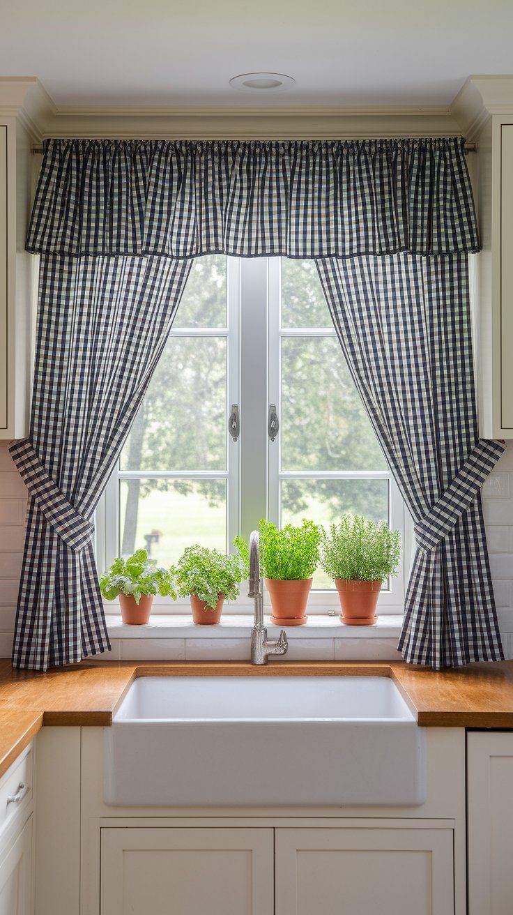 Tension rod café curtain in gingham fabric adding privacy and charm to farmhouse kitchen