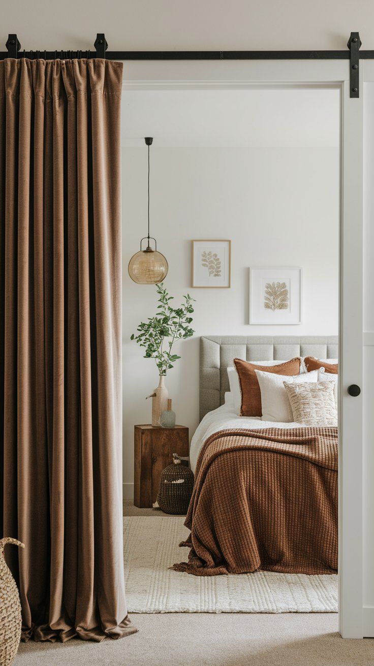 Closet curtain in velvet fabric offering soft and functional alternative to traditional doors
