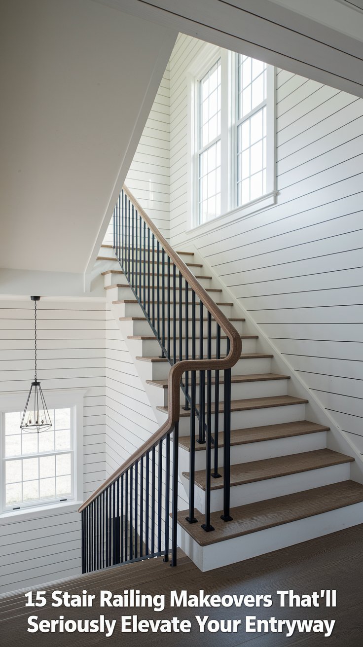 A modern staircase with sleek black metal railings and light wood steps stands out against white shiplap walls and large windows, filling the space with natural light. At the bottom of the image, text reads, "15 Stair Railing Makeovers That’ll Seriously Elevate Your Entryway," suggesting inspiration for stylish home updates.