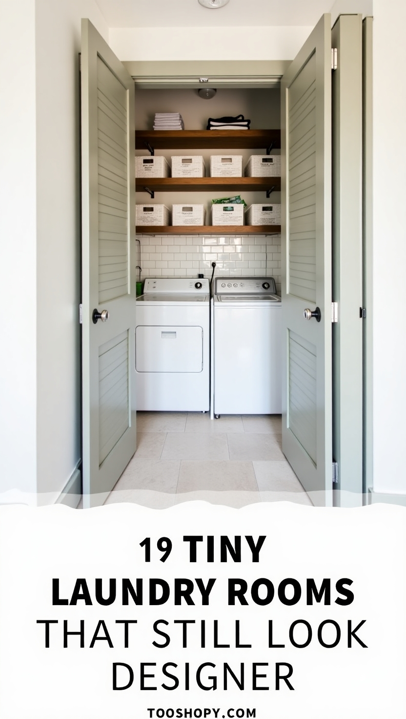 A compact laundry room with double doors, featuring a washer and dryer side by side, white subway tile backsplash, and two wooden shelves holding labeled storage baskets and neatly folded towels. The bottom of the image has text that reads, "19 Tiny Laundry Rooms That Still Look Designer"