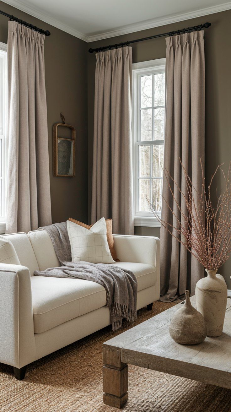 Modern rustic living room with neutral earth-toned palette and layered natural textures