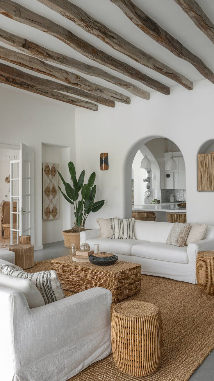Exposed wood beams adding rustic charm to clean-lined modern interior
