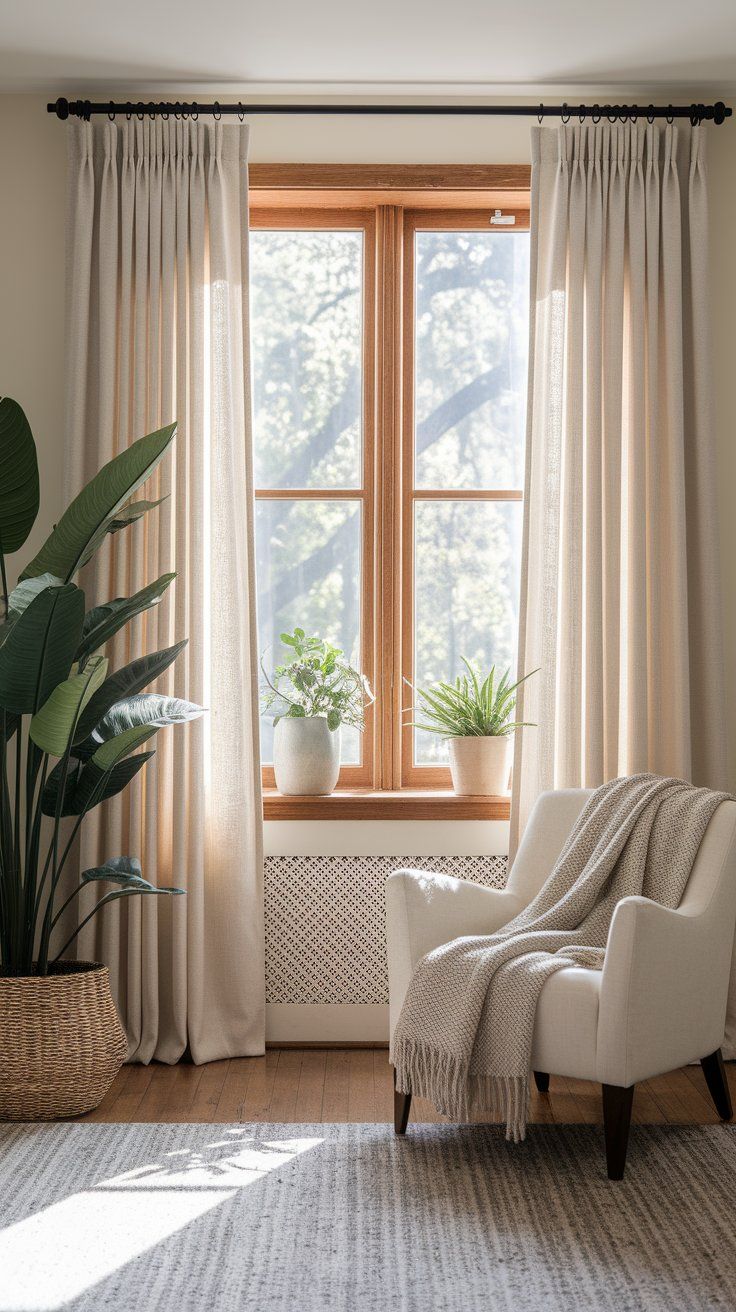 Sunlit window framed with ivory linen curtains, black curtain rod, and wood trim, styled with neutral decor and indoor plants