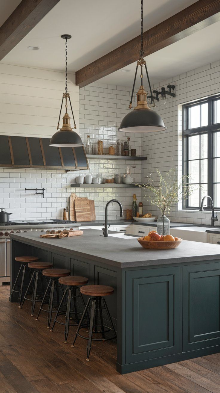 Close-up of matte black cabinet pulls, brushed nickel door handles, and aged brass light fixtures in rustic kitchen