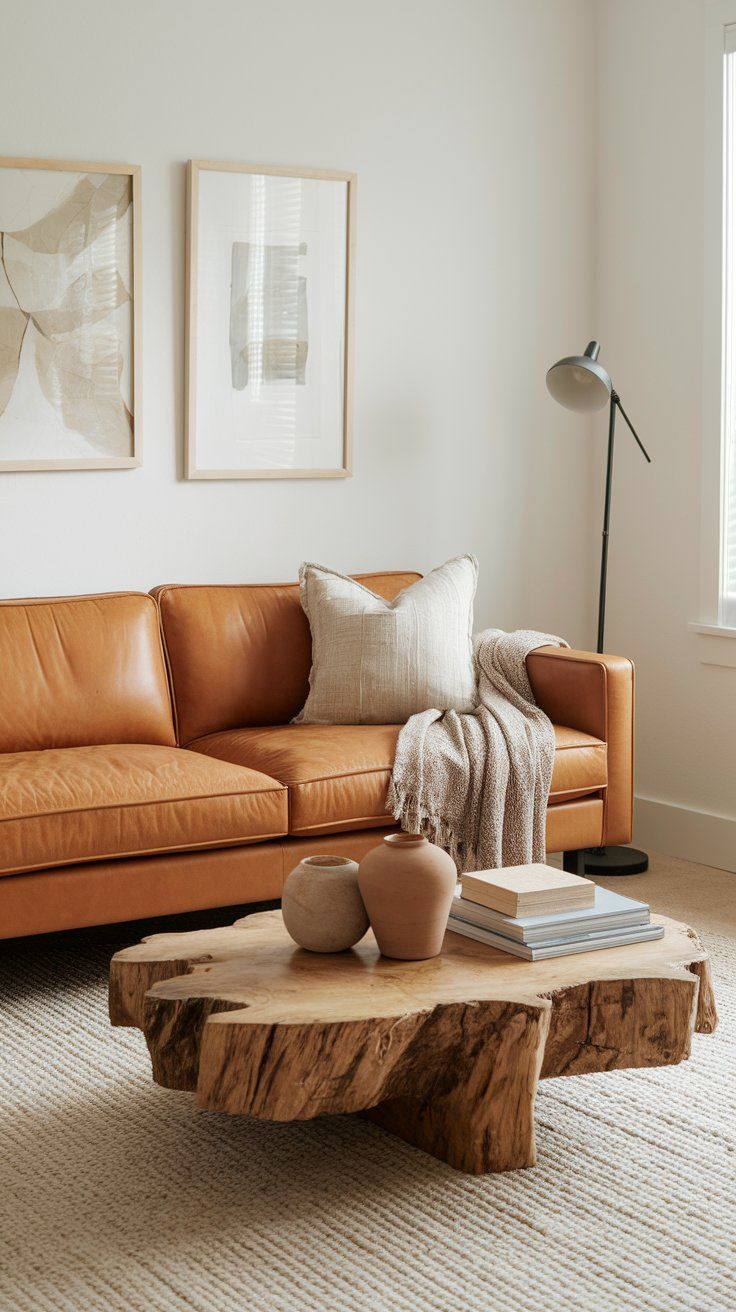 Camel leather sofa with clean lines paired with thick reclaimed wood coffee table, styled with pottery and linen throw