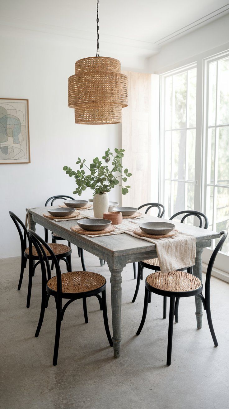 Rustic dining table paired with minimalist chairs for curated modern farmhouse look