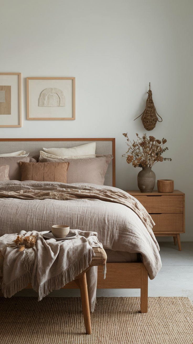 Bedroom with oak bed frame and linen headboard, layered bedding in taupe and cream, styled with stoneware and dried florals
