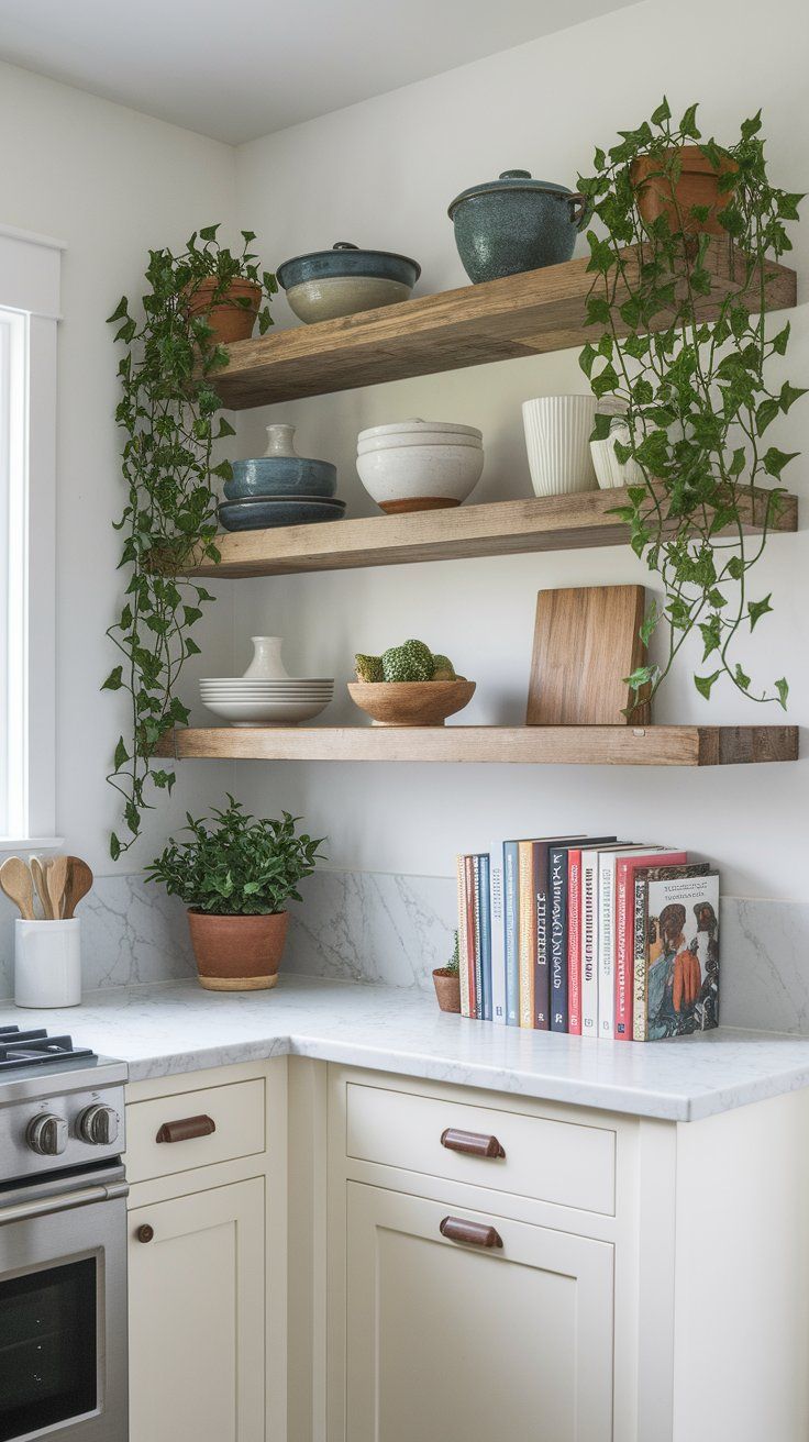 Kitchen with floating reclaimed wood shelves on white walls, styled with ceramic dishes, cookbooks, and trailing plants