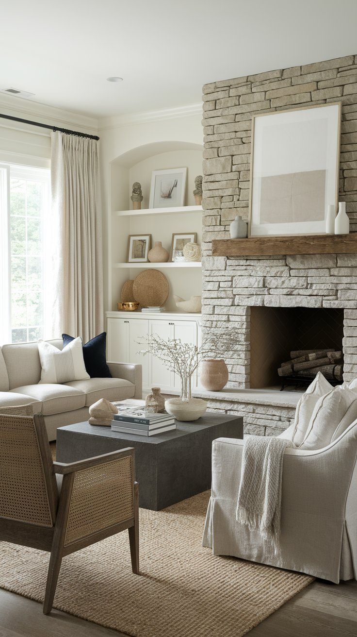 Stone fireplace with clean lines anchoring modern rustic living room design