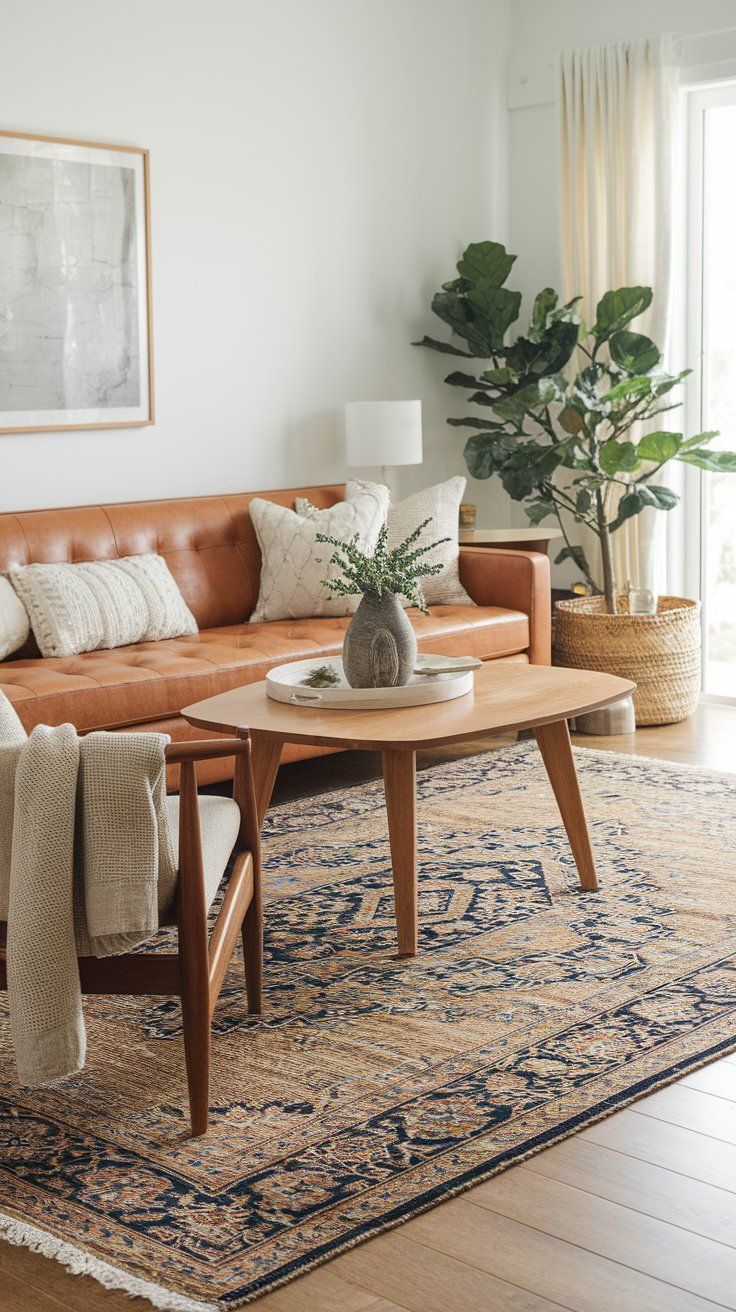 Layered rugs adding warmth and texture to modern rustic living space