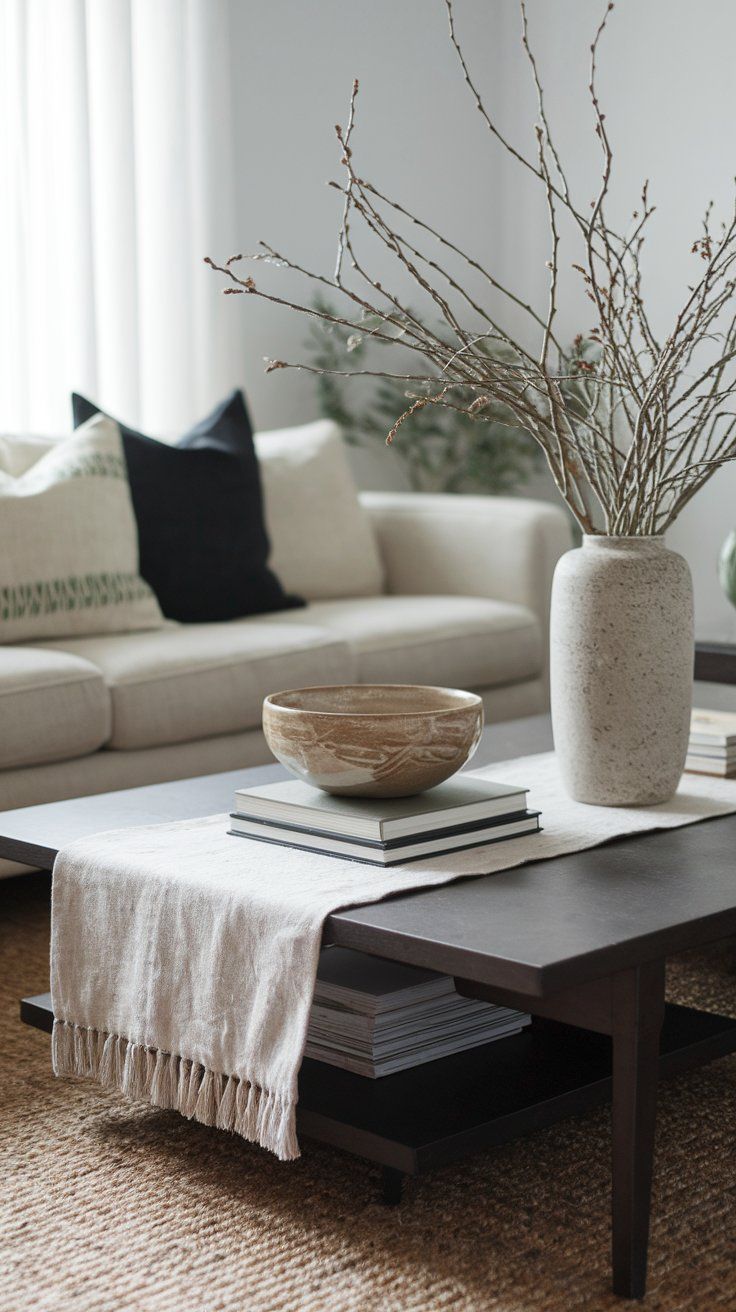 Rustic coffee table vignette with natural textures and curated styling