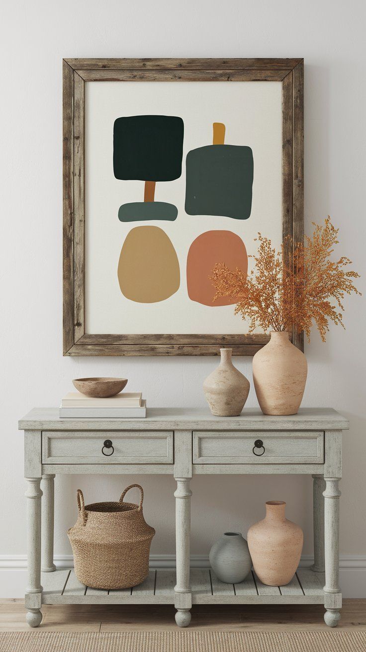 Modern artwork in rustic frame creating contrast in contemporary rustic interior