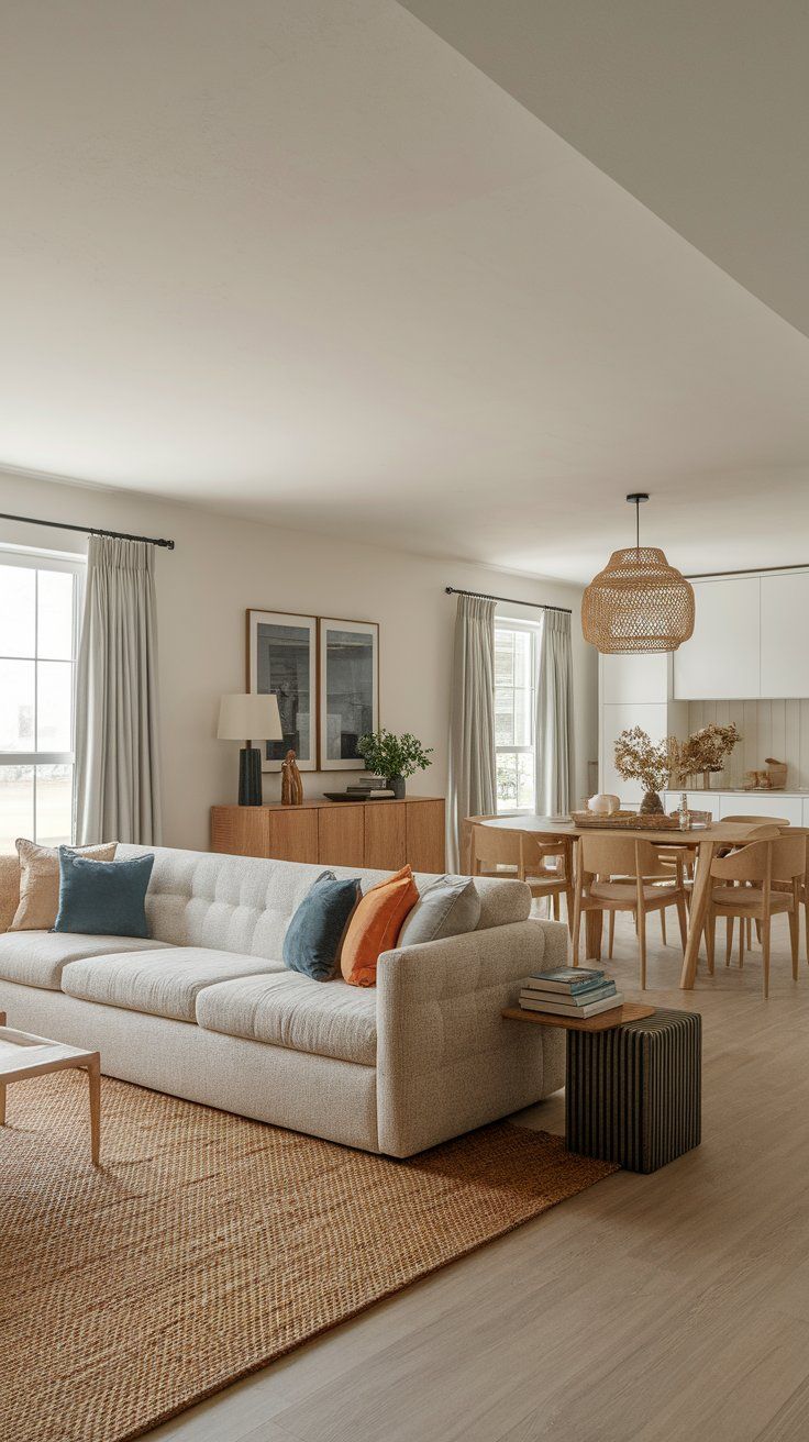 Open floor plan with cozy zoning elements in modern rustic home layout