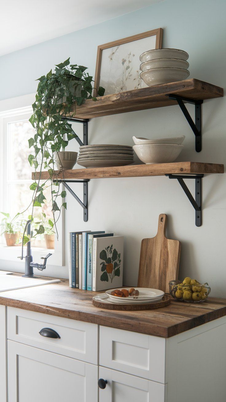 Open wood shelving with black brackets for functional and stylish rustic kitchen