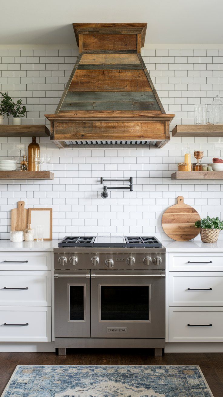 Rustic range hood paired with sleek backsplash for balanced kitchen design