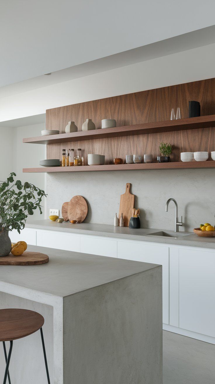 Concrete countertops with raw wood accents for tactile modern rustic kitchen