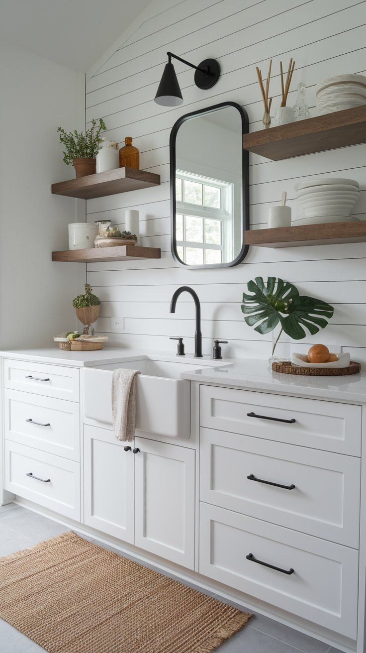 Farmhouse sink and minimalist cabinetry blending rustic charm with modern simplicity