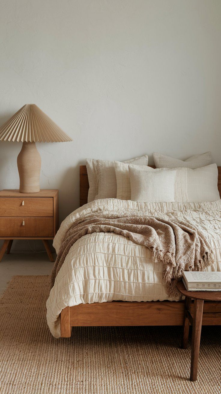 Layered linen bedding on wood platform for cozy modern rustic bedroom retreat