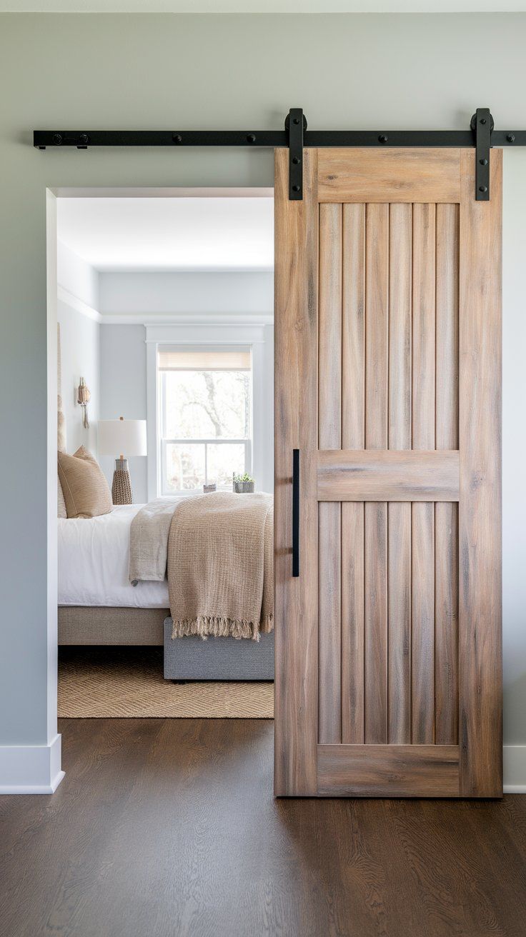 Modern barn door with clean hardware adding rustic flair to transitional space