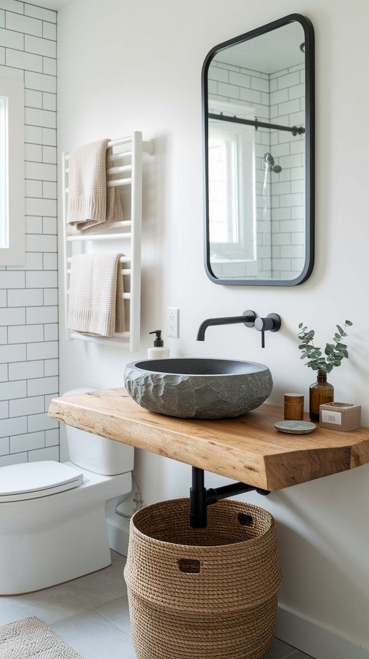 Stone sink and floating vanity creating refined rustic bathroom aesthetic