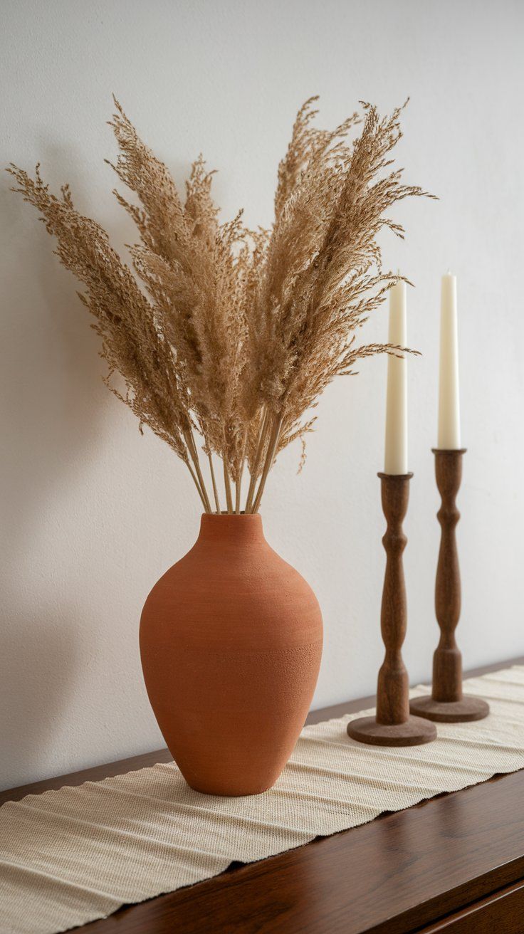 ubtle rustic decor with dried botanicals and clay vessels for organic home styling