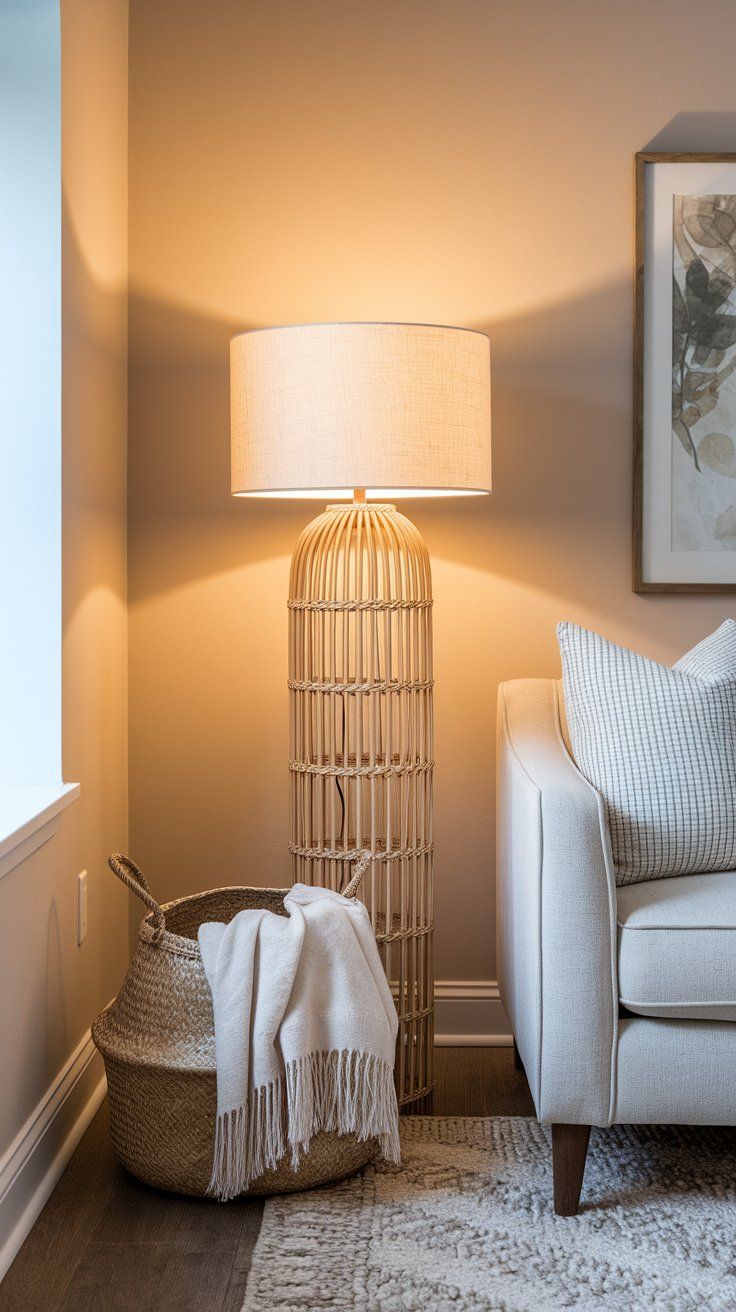 Woven baskets and soft lighting adding cozy layers to modern rustic living space