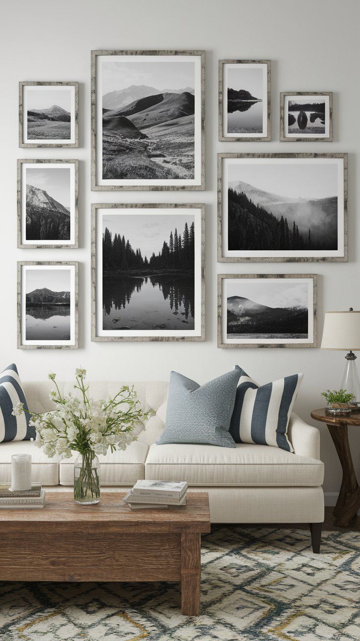 Neutral photography gallery wall adding personal touch to rustic modern interior