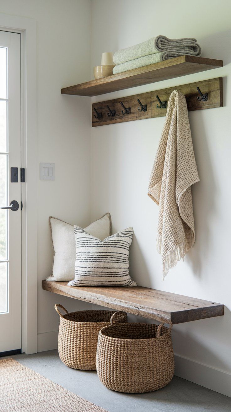 Reclaimed wood bench adding warmth and function to rustic entryway design