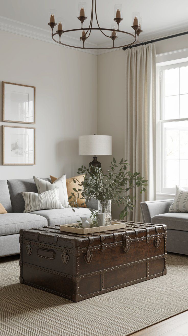 Living room with antique trunk as coffee table, paired with modern sofa and neutral decor