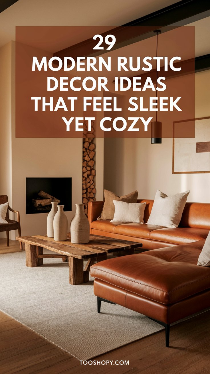 A modern rustic living room featuring a caramel leather sectional, raw-edge wooden coffee table, neutral pottery, and a sleek built-in fireplace with stacked firewood. Clean lines, warm textures, and earthy tones create a cozy yet contemporary aesthetic.