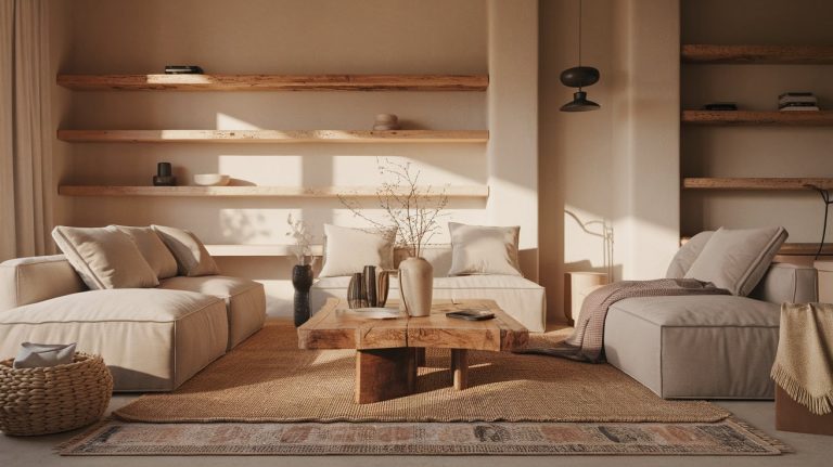 A minimalist living room featuring modern DIY floating shelves made from thick natural wood, styled sparsely with neutral-toned decor. The cozy space includes low-profile beige sofas, a raw-edge wooden coffee table, woven textures, and earthy tones, creating a serene and stylish atmosphere.