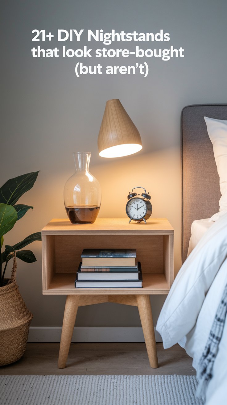 A stylish DIY nightstand with a modern design, featuring a wooden lamp, books, and a clock beside a bed, with text promoting DIY nightstands that look store-bought.
Ask ChatGPT