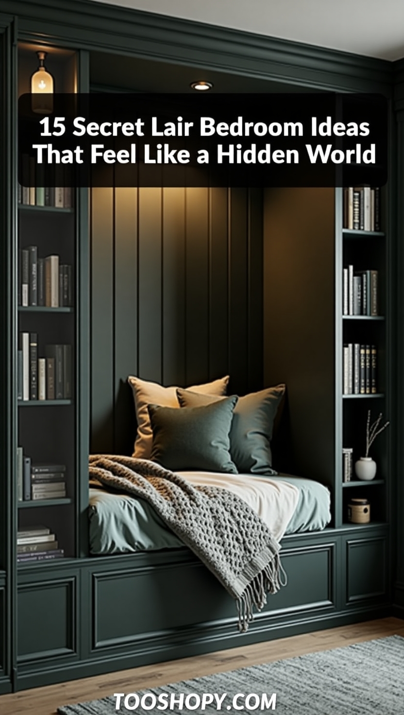 A cozy, dark green alcove bed is surrounded by built-in bookshelves filled with books and decor, giving the feel of a secret lair. The bed is styled with soft pillows and a chunky knit blanket, and there is text at the top that reads, "15 Secret Lair Bedroom Ideas That Feel Like a Hidden World."