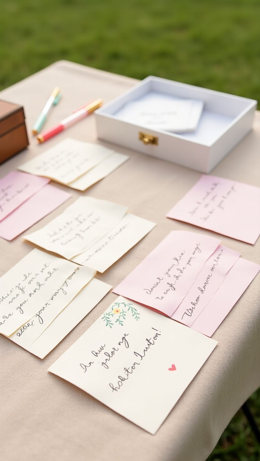 Outdoor baby shower activity table with pastel pens and notecards for guests to write messages to the baby or parents. A heartfelt and interactive touch for a pink Winnie the Pooh baby shower celebration.