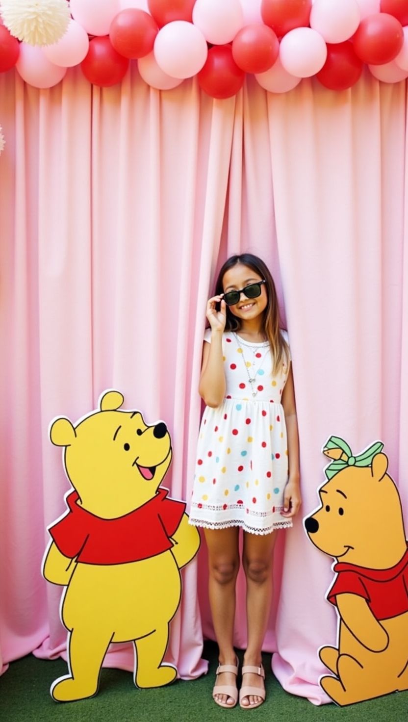 Photo backdrop with red and pink balloon garland over a pink curtain, flanked by cardboard cutouts of Winnie the Pooh and a girl guest posing in a white dress with colorful polka dots. A fun and festive photo op for a pink Winnie the Pooh baby shower.