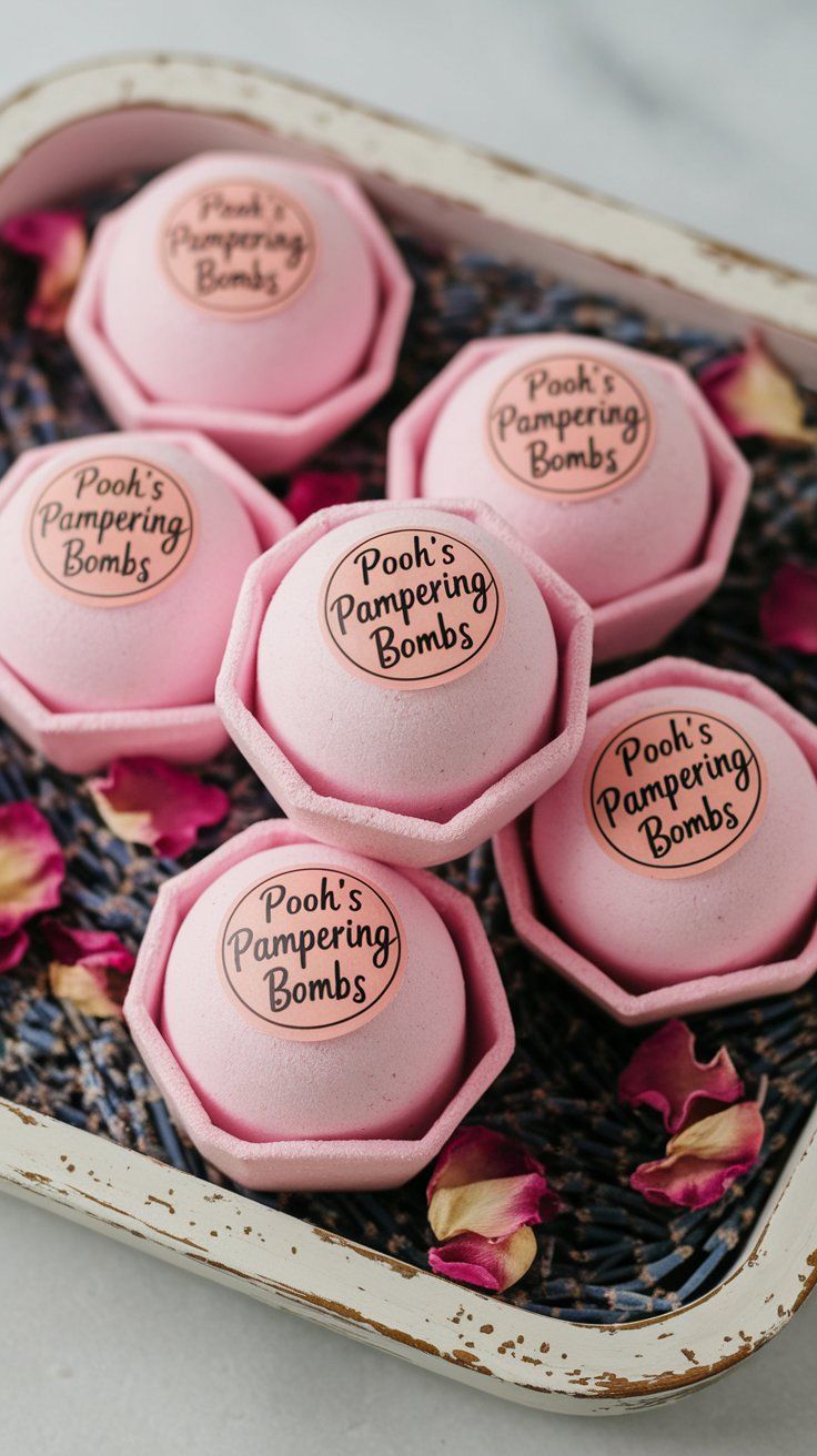 Tray of round pink bath bombs labeled “Pooh’s Pampering Bombs,” surrounded by dried rose petals. A relaxing and theme-perfect party favor idea for a pink Winnie the Pooh baby shower.