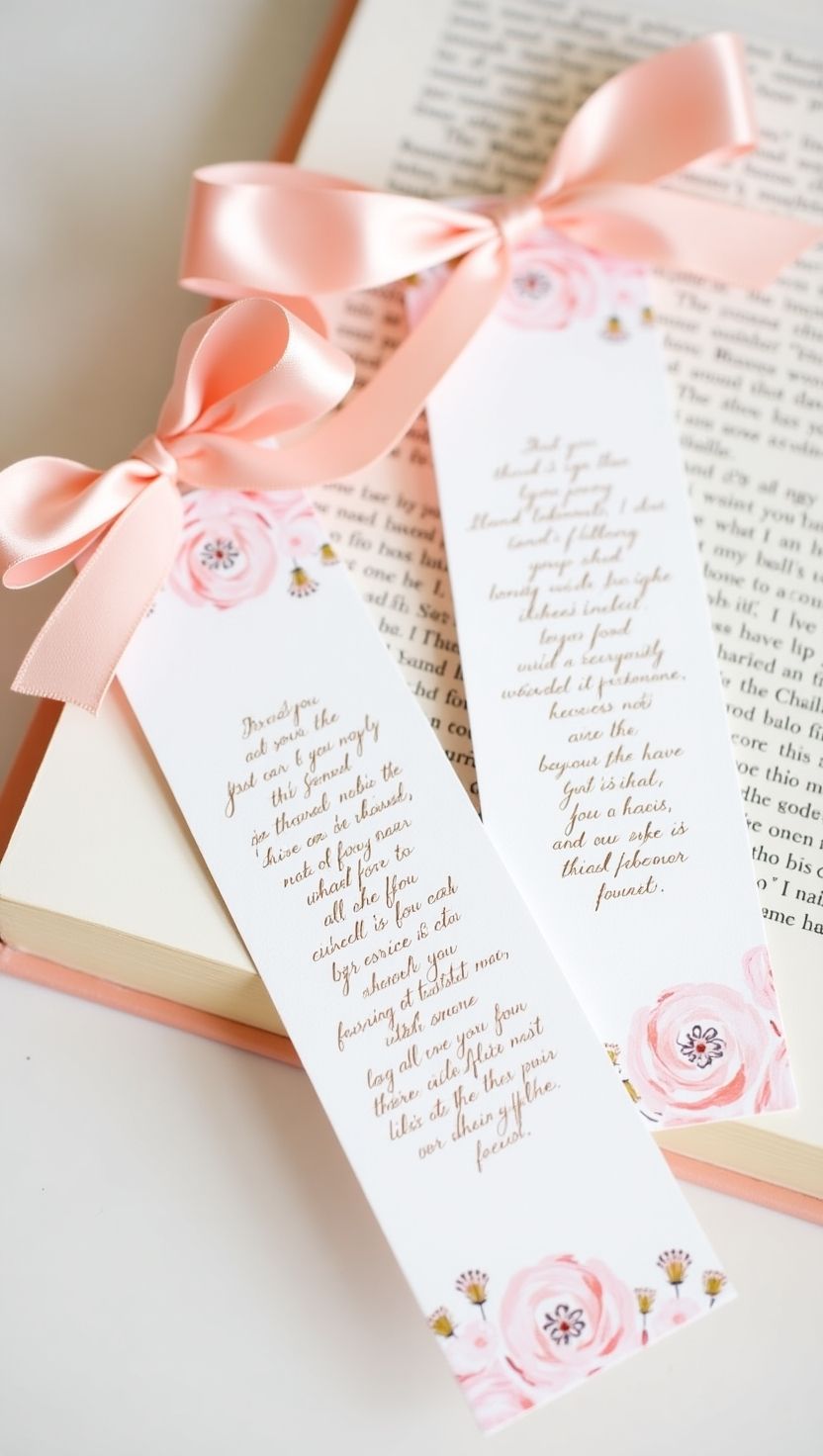 Two pink floral bookmarks with satin ribbon bows resting on an open book. A thoughtful and elegant keepsake idea for guests at a pink Winnie the Pooh baby shower.