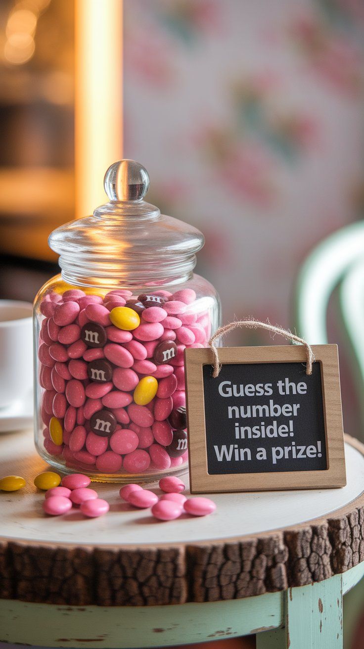 Glass jar filled with pink, brown, and yellow M&M candies next to a mini chalkboard sign that reads “Guess the number inside! Win a prize!” A sweet guessing game for a pink Winnie the Pooh baby shower table setup.