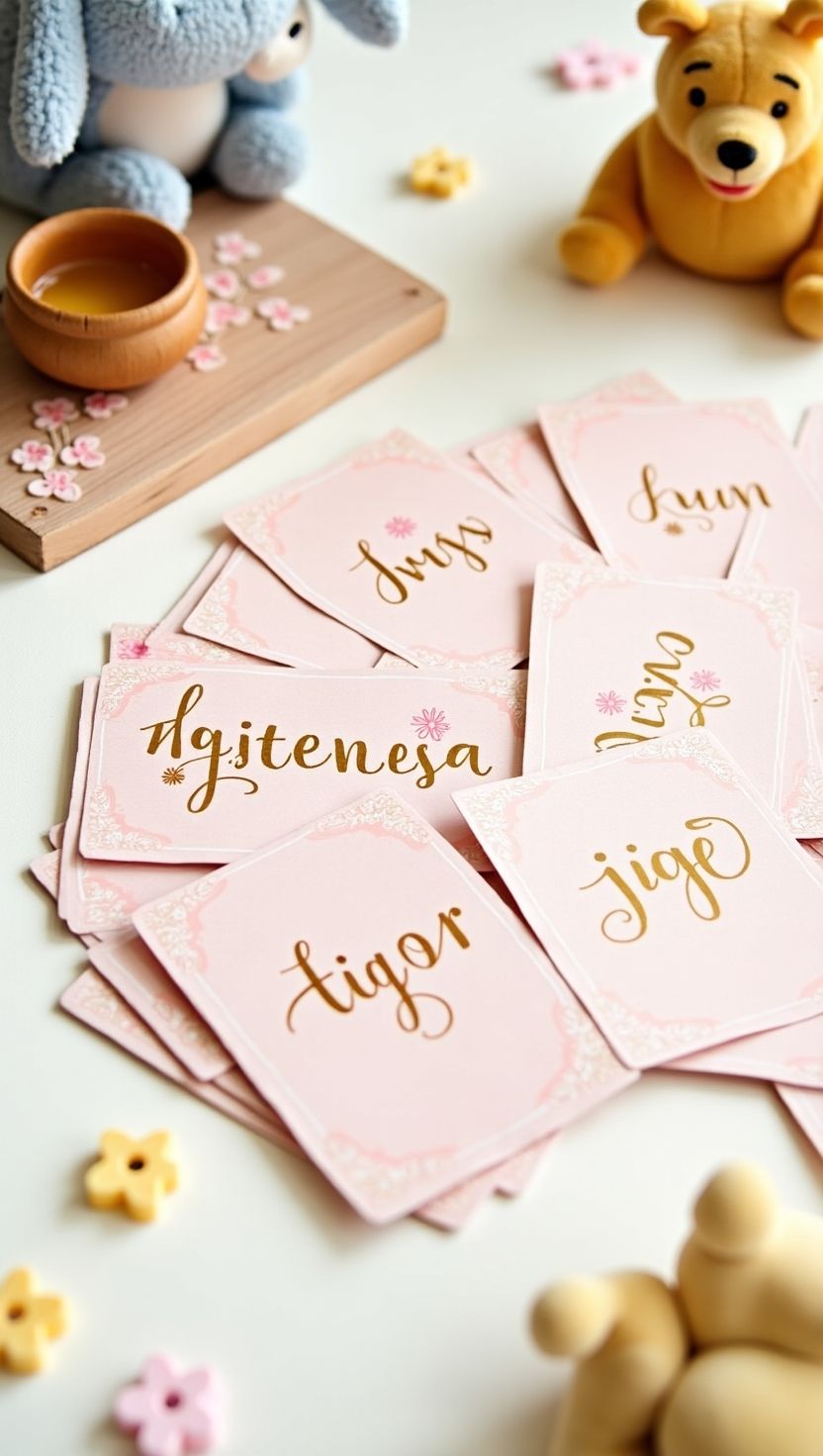 Flat lay of pink floral baby shower cards featuring scrambled Winnie the Pooh character names like “tigor” and “jigo,” surrounded by plush Pooh and Eeyore toys and a tiny honey pot. A cute game idea for a pink Winnie the Pooh baby shower.