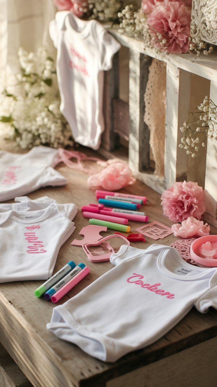 DIY baby shower station with white onesies, pink markers, stencils, and floral decorations. A fun and creative activity for guests at a pink Winnie the Pooh baby shower.