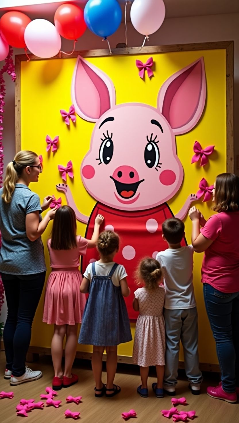 Group of kids and adults playing a party game in front of a large Piglet poster, pinning pink bows on the board. A lively and interactive game idea for a pink Winnie the Pooh baby shower.