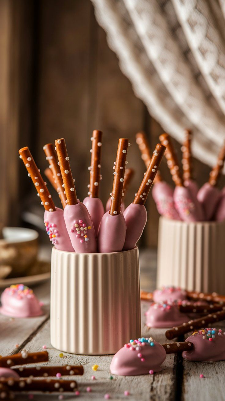 White ceramic mugs filled with pink chocolate-dipped pretzel rods decorated with pastel sprinkles. A charming and easy treat for a pink Winnie the Pooh baby shower snack display.