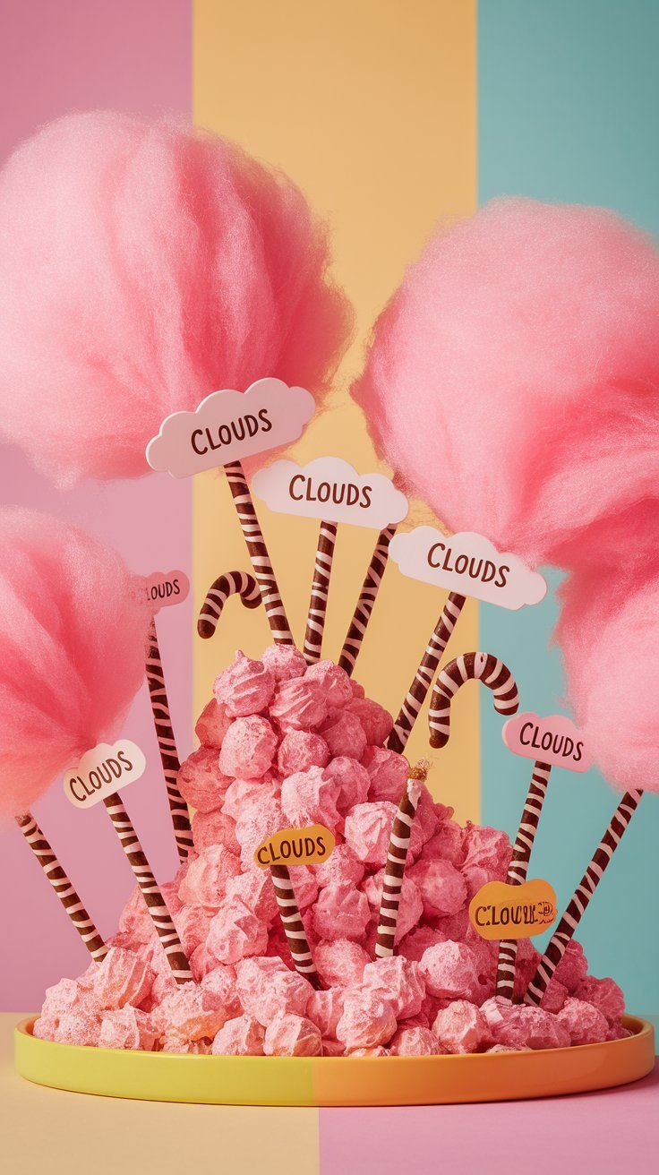 Whimsical dessert display with pink cotton candy and crunchy pink-coated treats labeled “CLOUDS,” arranged on a yellow tray with striped sticks. A dreamy candy station idea for a pink Winnie the Pooh baby shower.