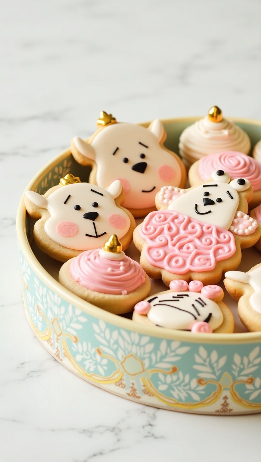 Plate of decorated sugar cookies in the shapes of Winnie the Pooh, Piglet, and pink frosted cupcakes. A delightful and themed dessert idea for a pink Winnie the Pooh baby shower.